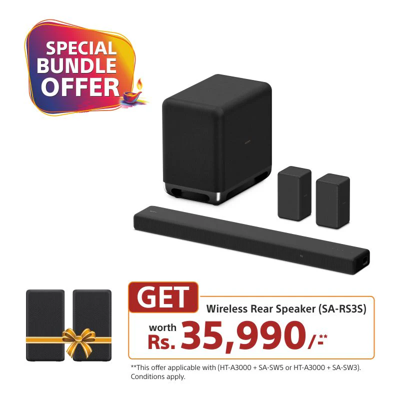 Sony HT-A3000 5.1ch 360 Spatial Sound Mapping SoundbarHome theatre system with Dolby Atmos and wireless Subwoofer SA-SW5 & Rear Speaker SA-RS3S( 650W,Bluetooth,360 RA,HDMI eArc & Optical Connectivity) - Image 20