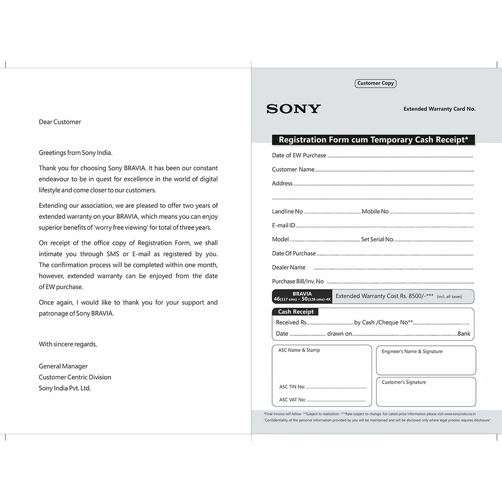 SONY BRAVIA +2 Year Extended Warranty-117cm (46) – 126cm(50) 4K - Image 3